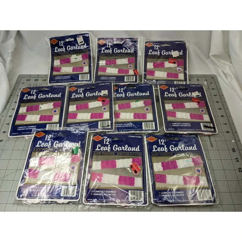 Beistle 12 Foot Leaf Garland Cerise White 55628 1991 Lot of 10